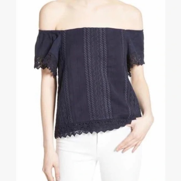 Alice + Olivia Jules Off the Shoulder Navy Top Size Medium - Picture 1 of 9